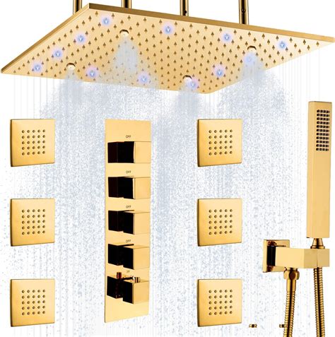 Katais Gold Rain Mist Shower System 16 Inch Led Dual Function Ceiling Mount Shower Head With 6