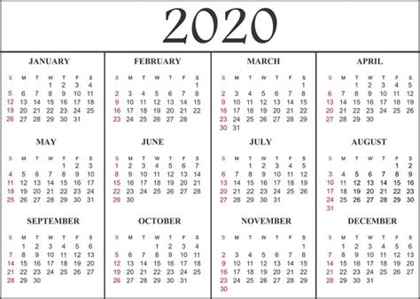12 Month 2020 Calendar Template Calendar Printables Free Printable