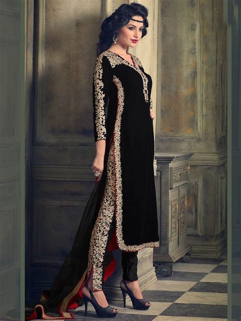 Online Shopping Black Color Velvet Embroidered Straight Salwar Kameez Fashion Indian
