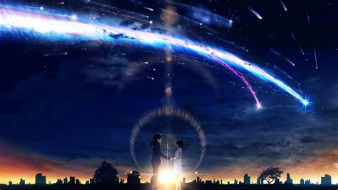 Wallpaper Sky Clouds Meteors Kimi No Na Wa Anime Sunset City