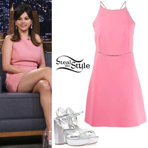 Selena Gomez Pink Mini Dress Silver Platforms Steal Her Style
