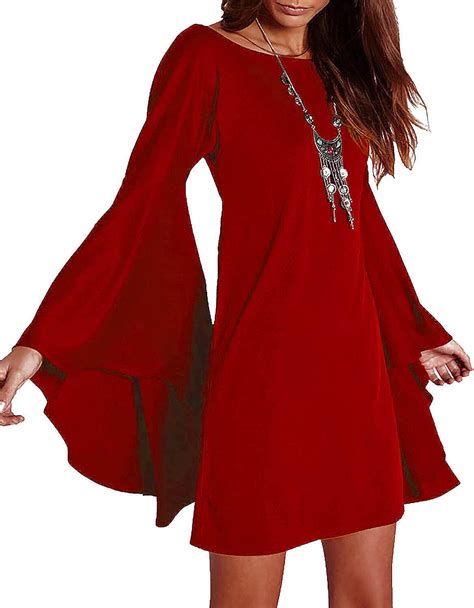 Vivicaslte Long Flare Bell Sleeve Blouse Mini Dress Large Dark Red