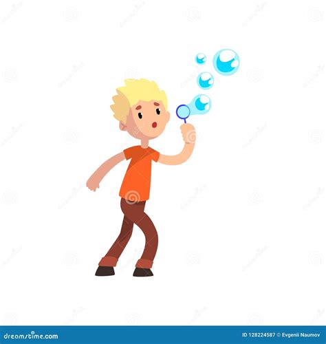 Cute Boy Blowing Soap Bubbles Cartoon Vector Illustration On A White