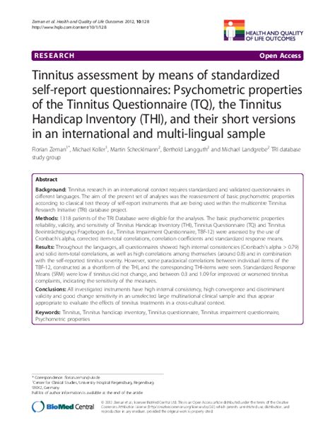 Pdf Tinnitus Assessment By Means Of Standardized Self Report