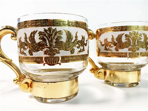 Vintage Gold Glass Coffee Mugs Set Of 4 Clear Dragon Design Gold Handled Glasses Hollywood