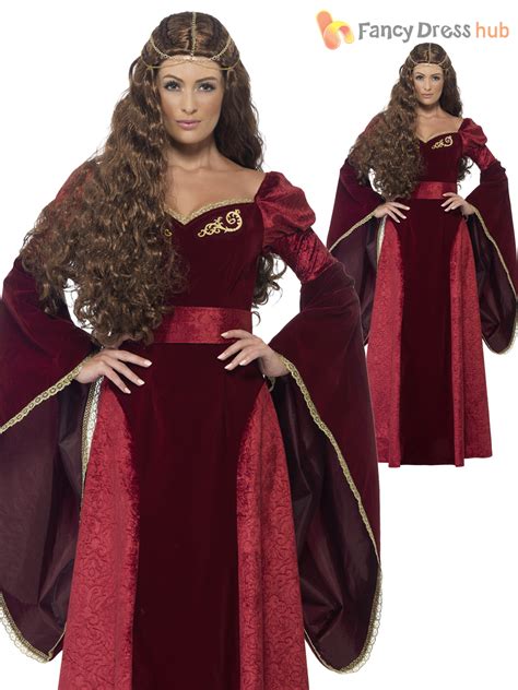 Size 8 22 Ladies Deluxe Medieval Queen Costume Womens Tudor Fancy Dress
