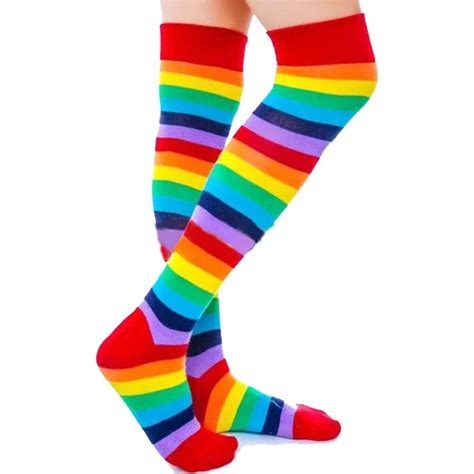 Colorful Rainbow Knee High Socks Cosplay Accessory Womens Mens Mojito Girls Festival Over Knee