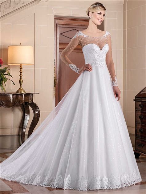 A Line Illusion Scoop Neckline Long Sheer Sleeve Lace Tulle Pearl Wedding Dress