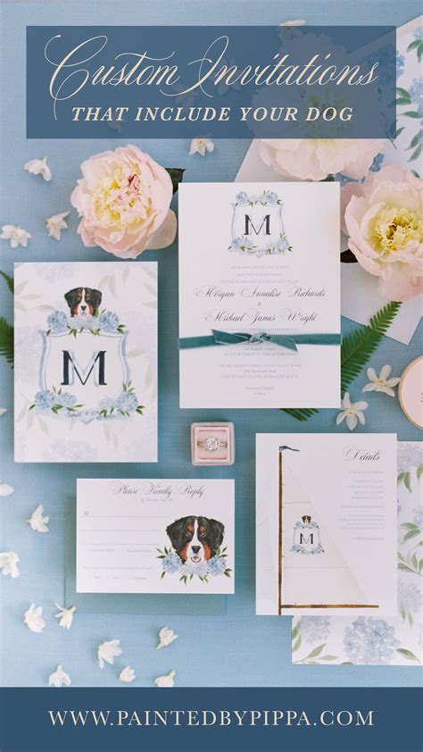 Dusty Blue Hydrangea Wedding Invitation With Pet Portrait Elegant Watercolor Wedding Crest With