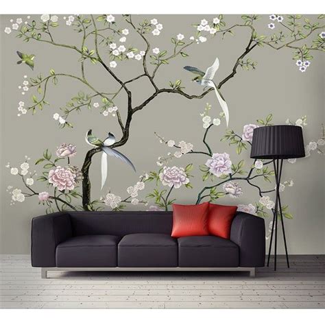 Grey Color Birdsandflowers Wallpaper Wall Murals Flowers Tree Simple Elegant Peace Wallpaper Wall