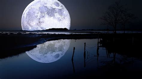 Hd Wallpaper Moon Lake Full Moon Reflected Reflection Night Sky