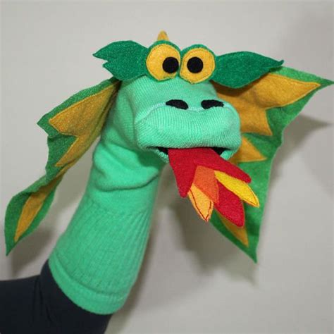 Handmade Green Dragon Couture Sock Puppet With Removable Fire Sock