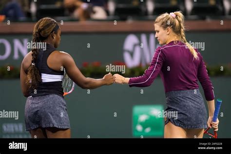 Eugenie Bouchard Of Canada And Sloane Stephens Of The United States Playing Doubles At The 2019