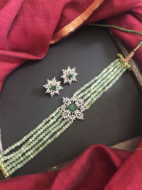 Green Beaded Choker Necklace Set South India Jewels