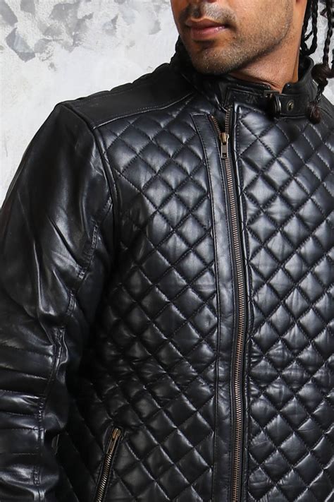 Mens Diamond Quilted Jacket In Real Leather Black Winter Outfit