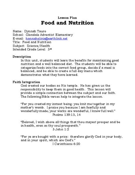 Food And Nutrition Lesson Plan For 3rd Grade Lesson Planet