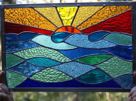 Ocean Sunset Stained Glass Panel Window Suncatcher Original Design Stained Glass Crafts
