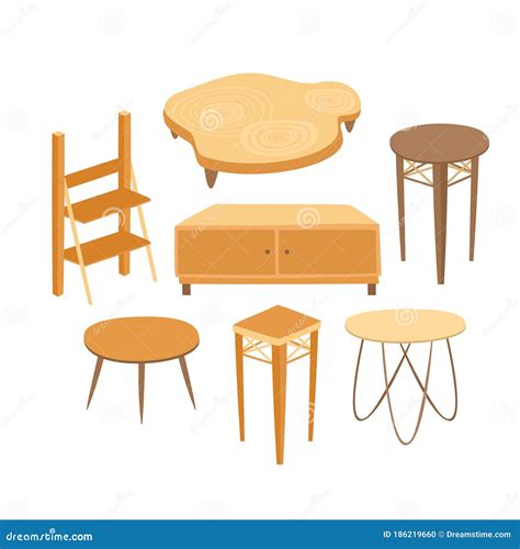 Vector Set Of Cartoon Tables Illustrations Wooden Tables Bar Stools