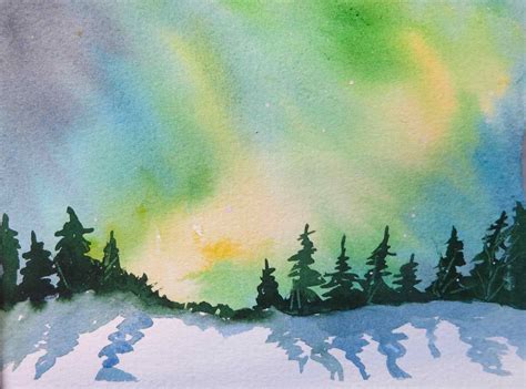 Watercolor Landscape Paintings For Beginners Northern Lights Fine