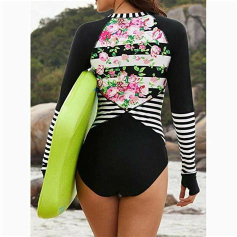 Ablegrid Women Long Sleeve Floral Printed Zip Front Piece Swimsuit Surfing Swimwear Bathing