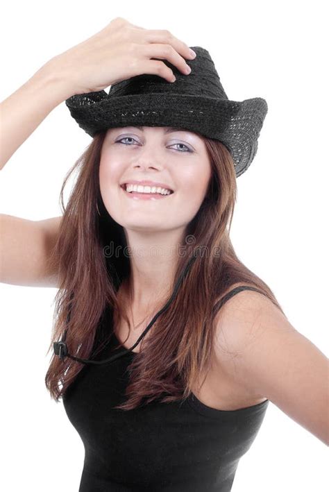 Smiling Girl In Black Cowboy Hat Stock Photo Image Of Hair Caucasian