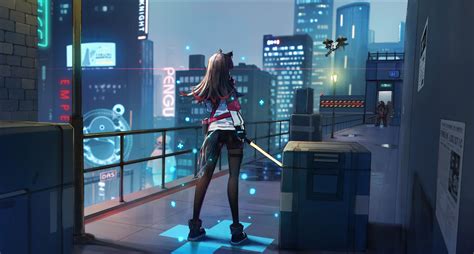 Anime Girl Scifi City Roof With Weapon Hd Anime 4k