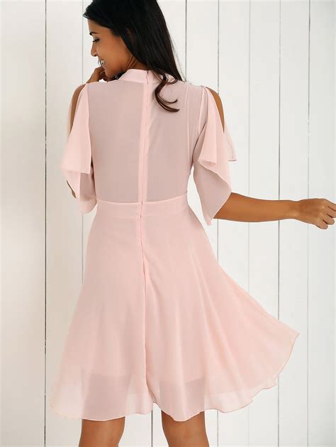 2018 Petal Sleeve Knee Length Chiffon Pastel Pleated Dress Pink Xl In