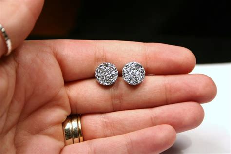 Silver Druzy Stud Earrings Metallic Circle Round Small Bold Etsy