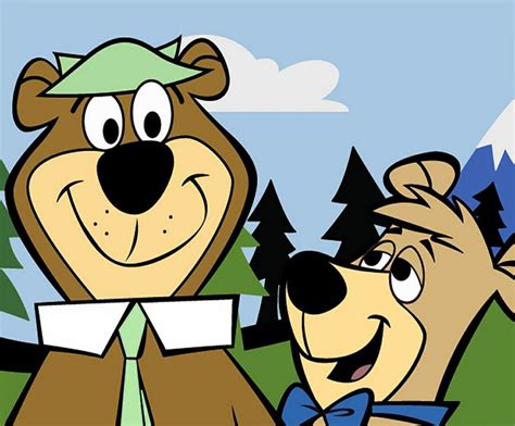 Two Cartoon Bears Are Standing Next To Each Other In Front Of Some