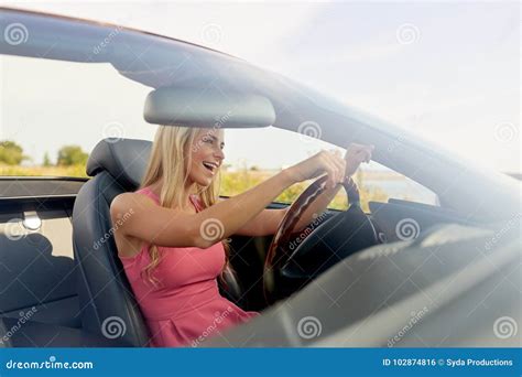 Happy Young Woman Driving Convertible Car Stock Photo Image Of Wheel