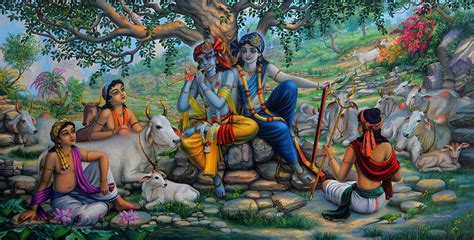 Krishna And Balaram With Friends On Govardhan Hill Painting By Vrindavan Das