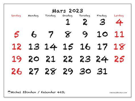 Kalender For Mars 2023 For Utskrift “46sl” Michel Zbinden No