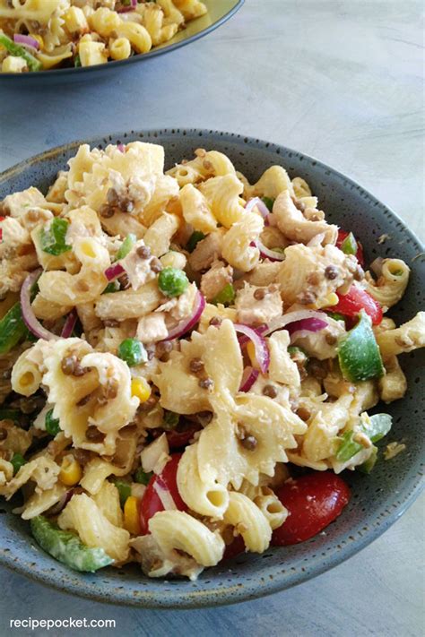 This bright salad has a delicious tangy and sweet creamy dressing. Easy Cold Chicken Pasta Salad Recipe With Mayo