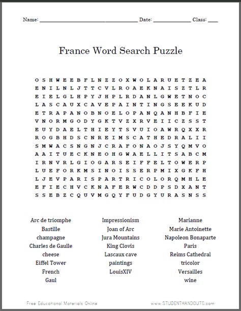 France Word Search Puzzle Worksheet Student Handouts