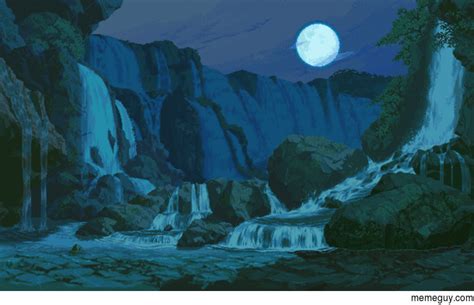 Pixel Art Waterfall Under The Moonlight Meme Guy