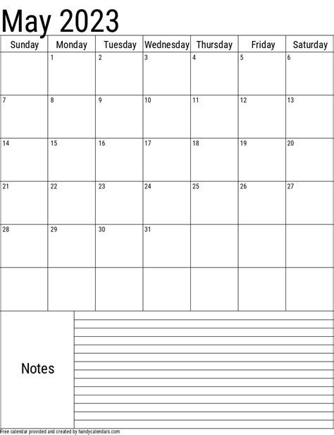 May 2023 Vertical Calendar With Notes Handy Calendars