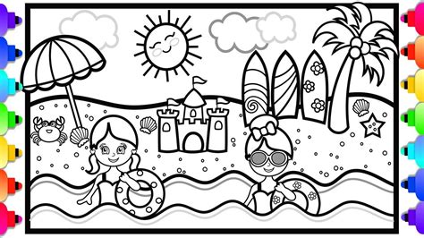 How To Draw A Beach Scene For Kids 🌈🏖🌈beach Coloring Page For Kids 🐠💙🐠