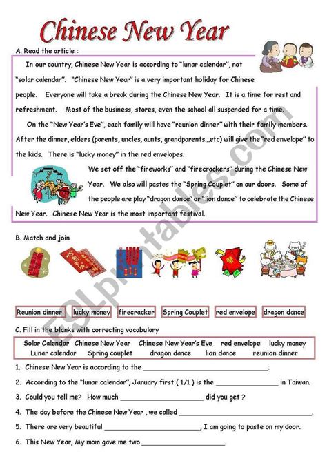 Chinese New Year Esl Worksheet By Melissa Hunag Reading