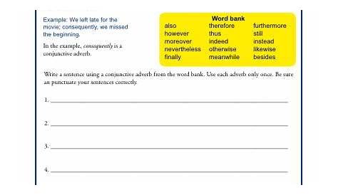 Conjunctive Adverbs and Independent Clauses | Conjunction Worksheets