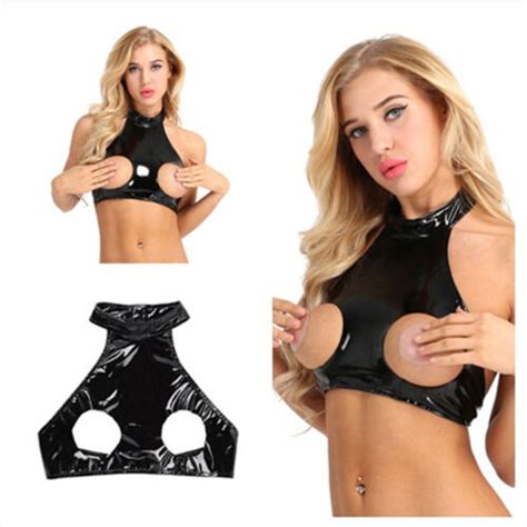 Womens Wet Look Latex Bra Nipple Open Bust Sleeveless Halter Neck Tank Top Vest Ebay