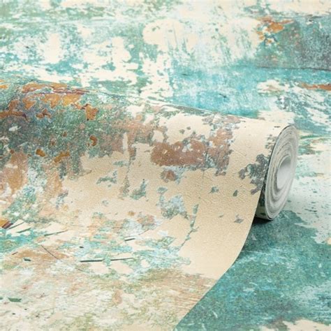 Patina Concrete Effect Wallpaper In Teal Ochre I Love Wallpaper Pattern Wallpaper