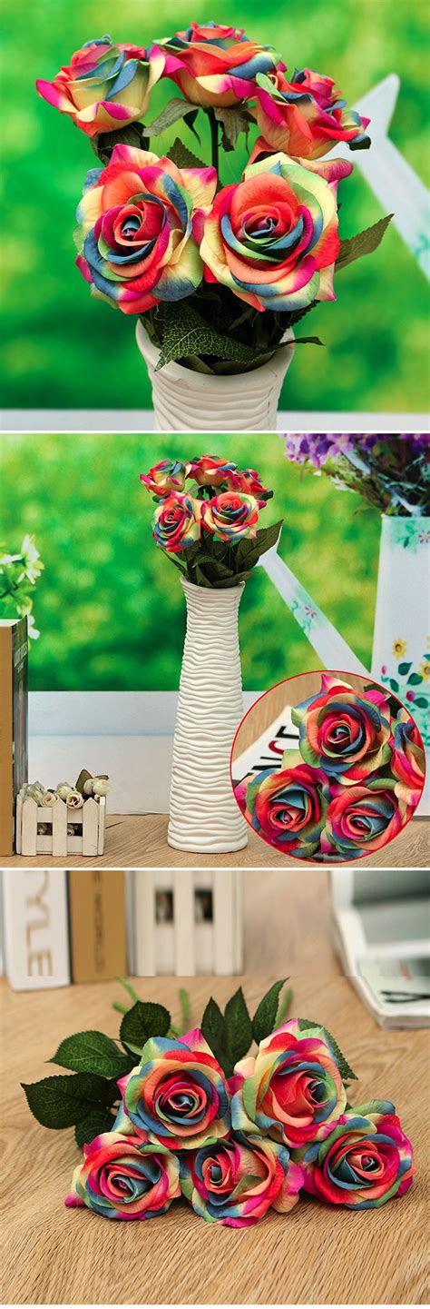 Us899 5pcs Rainbow Roses Artificial Flower Fake Rose Wedding Party