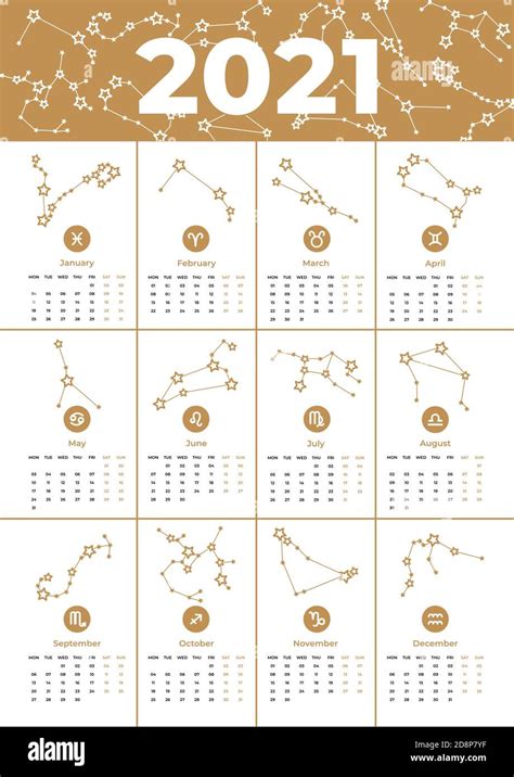 Vector Calendar 2021 Printable A3 Template Zodiac Signs Stars