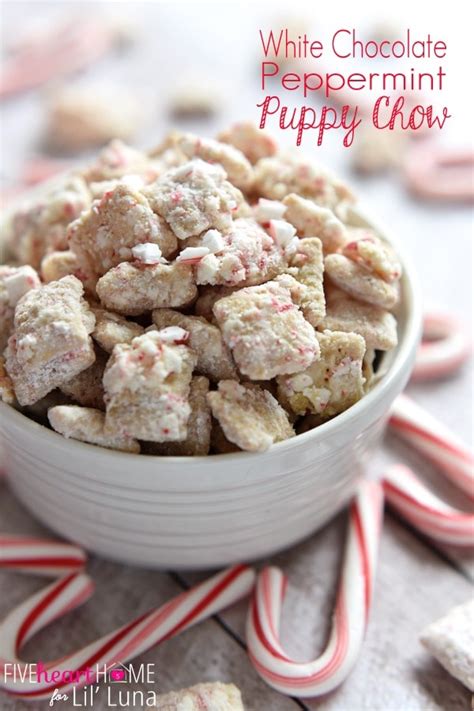 Made with chocolate, peanut butter, powdered sugar, and chex mix cereal. White Chocolate Peppermint Puppy Chow