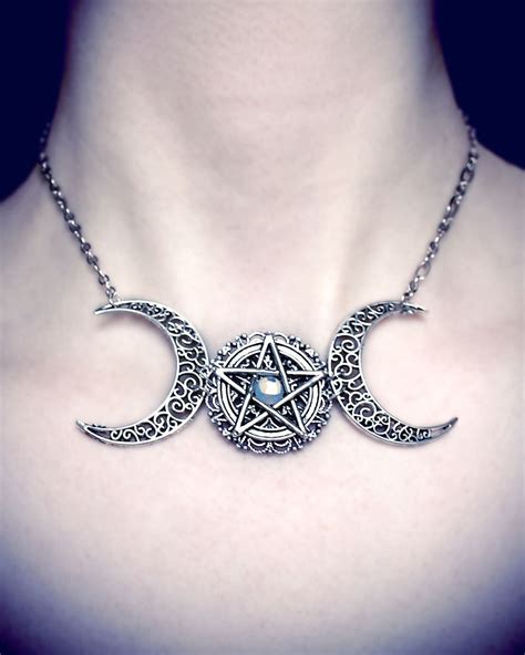 Triple Moon Necklace Wiccan Jewelry Triple Goddess Pentacle Etsy