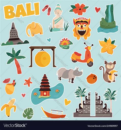 Set Stickers With Bali Landmarks And Elements Vector Image