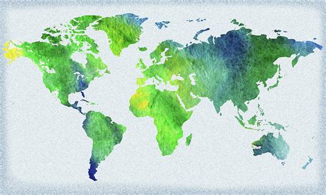 World Map Blue And Green Watercolor Painting By Irina Sztukowski