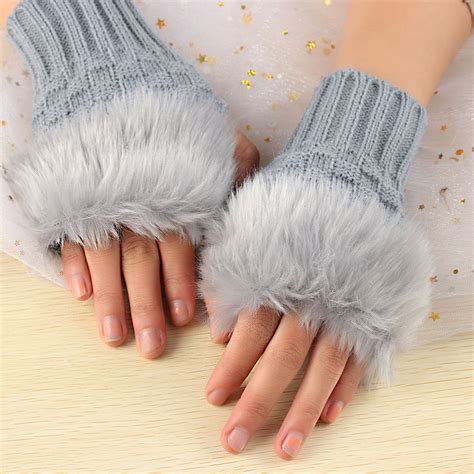 Women Faux Rabbit Fur Wrist Fingerless Hand Winter Gloves Warmer Touch Screen L Gloves And Mittens