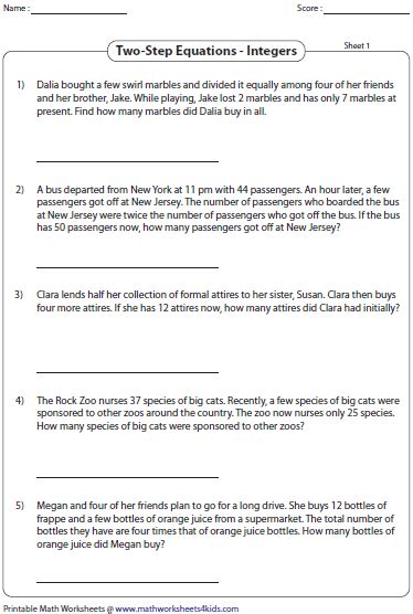 Two Step Equation Word Problems Integers Adding And Subtracting