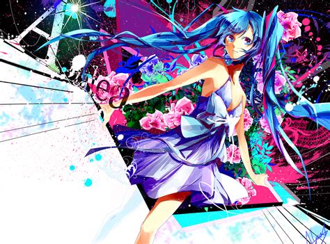 Alyssa718 Blue Eyes Blue Hair Dress Flowers Hatsune Miku Signed